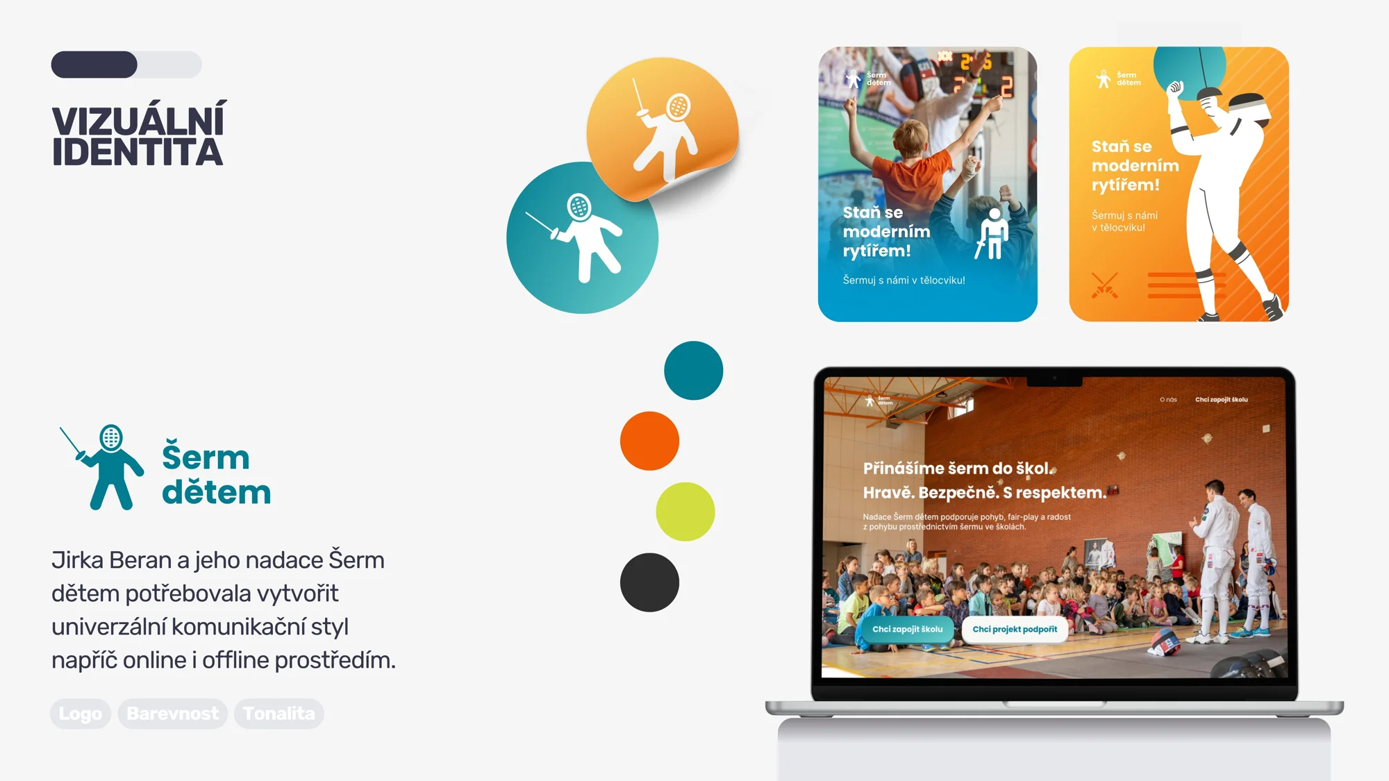 Vizuální identita Šerm dětem: logo, barvy, šablony příspěvků a web